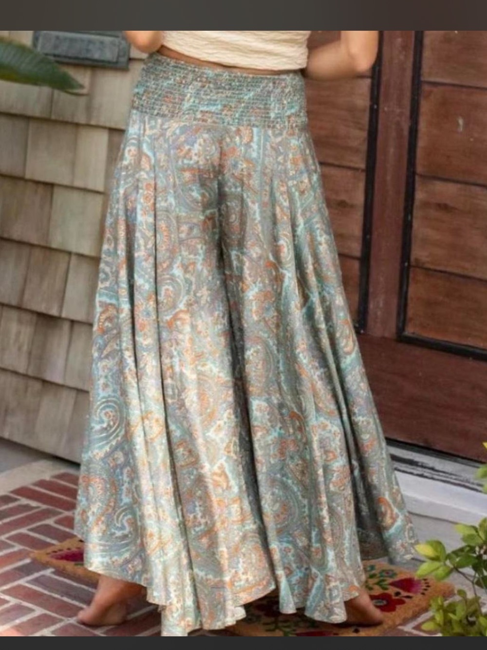 NATURAL LIFE Women's Wide Leg Paisley Palazzo Pants in Teal and Rust